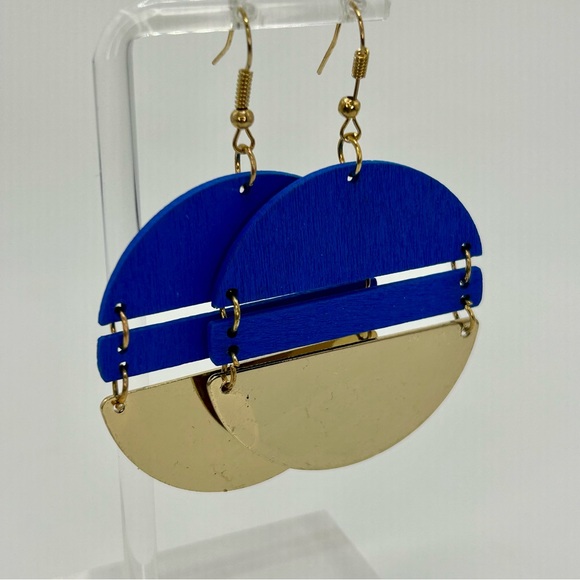 None Jewelry - 💙💚 Green or Blue Geometric Half-Moon Earrings | Modern Wood + Goldtone |